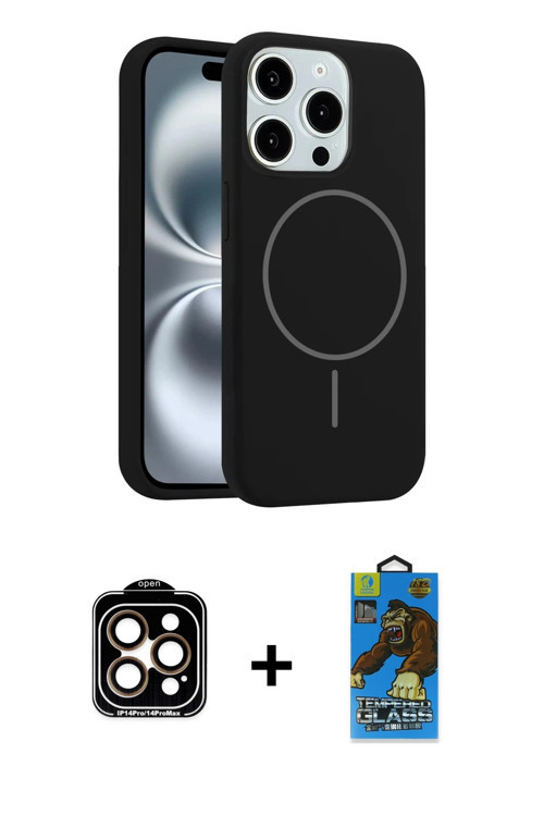 iPhone 14 Pro Max Kılıf Yankı Form Serisi - Siyah 18D Cam Ekran Koruyucu + Turuncu PVD Metal Ka