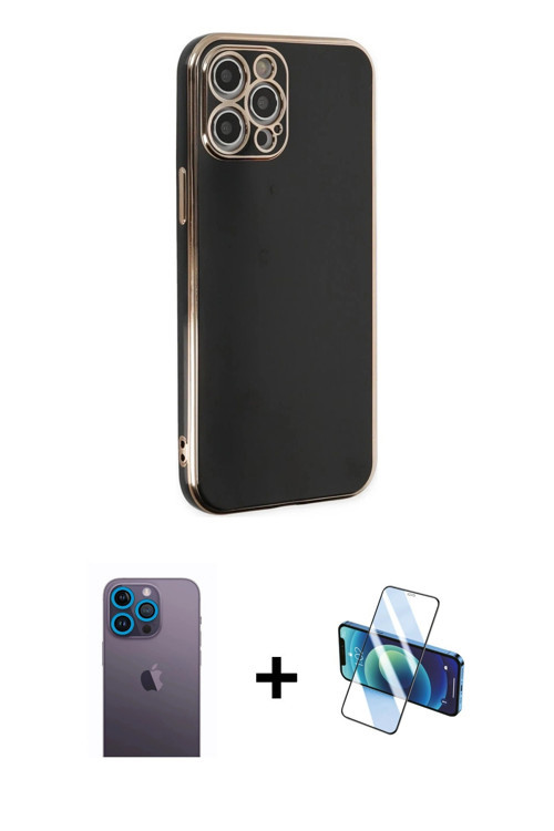 iPhone 12 Pro Kılıf Yankı Serisi - Siyah 3D Antistatik Seramik Nano Ekran Koruyucu + Mavi Neon