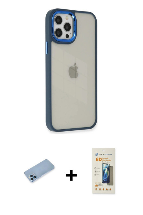 iPhone 12 Pro Max Kılıf Eksen Doku Prime - Siyah 6D Mat Seramik Hayalet Nano Ekran Koruyucu + M