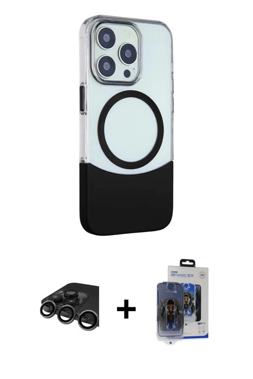 iPhone 15 Pro Max Kılıf Çekirdek Asil Özel Seri - Siyah Vanessa Magic Cam + Titanyum Gri Raze M
