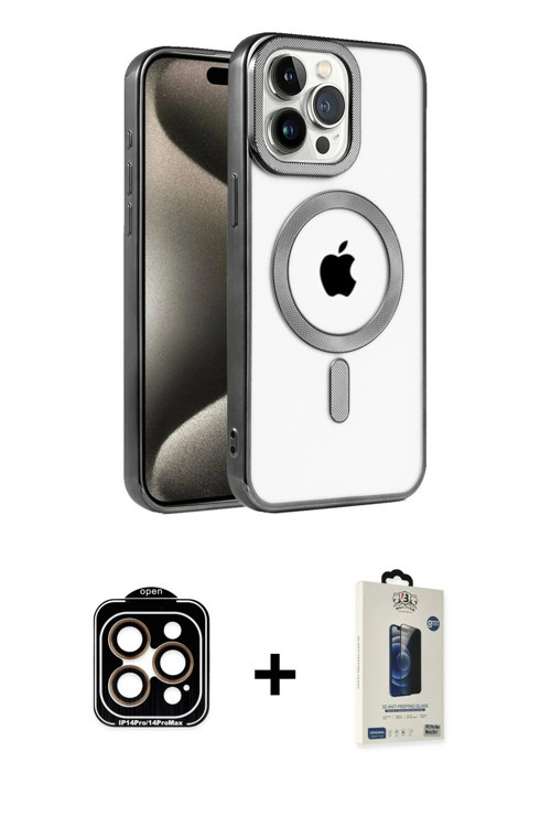iPhone 15 Pro Max Kılıf Eksen Form Koleksiyonu - Siyah Bilvis Hayalet Cam Ekran Koruyucu + Turu