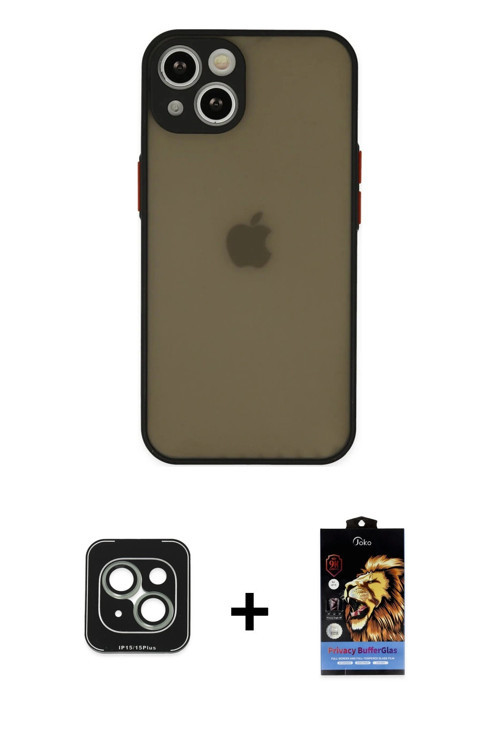 iPhone 15 Kılıf Ahenk Çizgi Serisi - Siyah Buffer Hayalet Cam Ekran Koruyucu + Yeşil PVD Metal