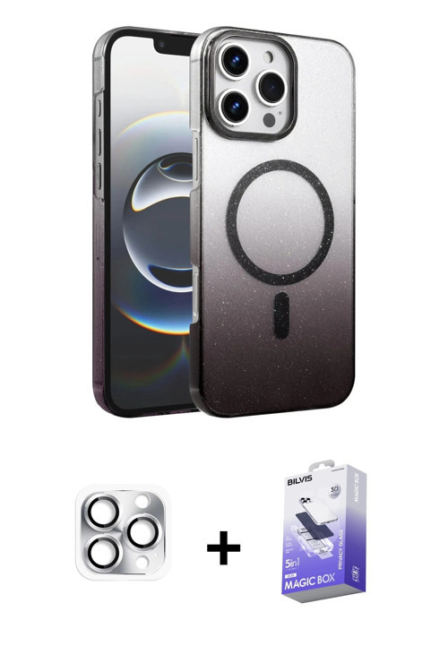 iPhone 16 Pro Max Kılıf Ahenk Doku Özel Seri - Siyah Bilvis 5in1 5D Magic Hayalet Cam Ekran Kor