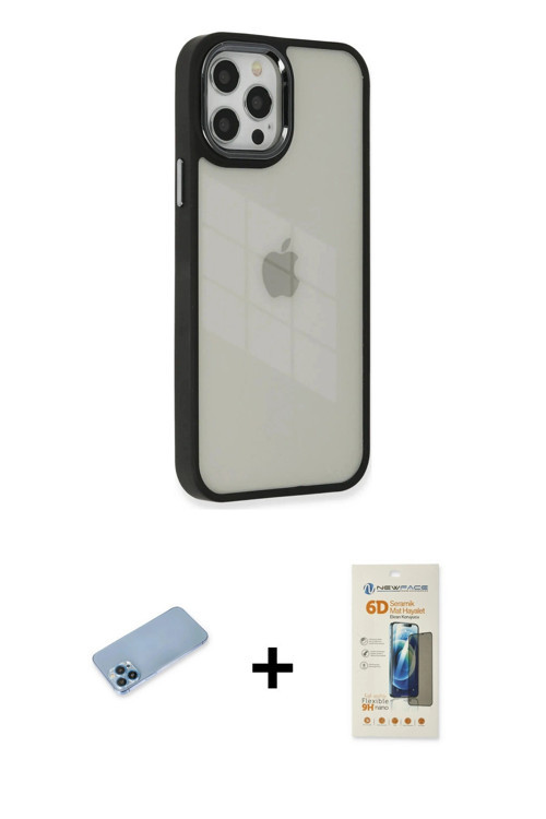 iPhone 12 Pro Max Kılıf Eksen Doku Prime - Siyah 6D Mat Seramik Hayalet Nano Ekran Koruyucu + M
