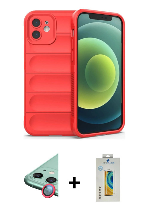 iPhone 12 Kılıf Atlas Koleksiyonu - Siyah Polymer Nano Ekran Koruyucu + Kırmızı Raze Metal Kame