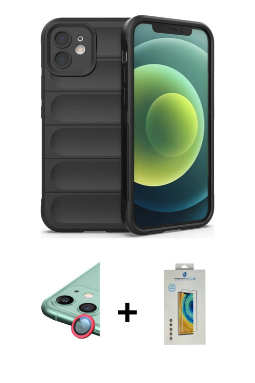 iPhone 12 Kılıf Atlas Koleksiyonu - Siyah Polymer Nano Ekran Koruyucu + Kırmızı Raze Metal Kame