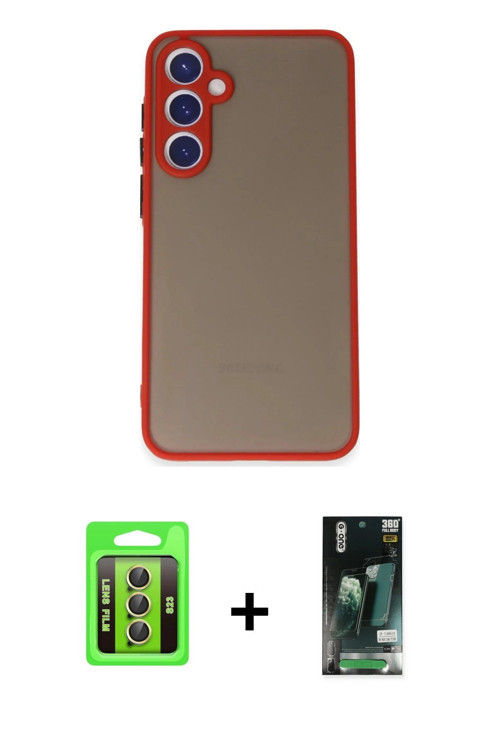 Galaxy S23 Kılıf Ahenk Çizgi Serisi - Şeffaf 360 Full Body Arka Koruyucu + Sarı Raze Metal Kame