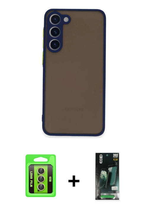 Galaxy S23 Kılıf Ahenk Çizgi Serisi - Şeffaf 360 Full Body Arka Koruyucu + Sarı Raze Metal Kame