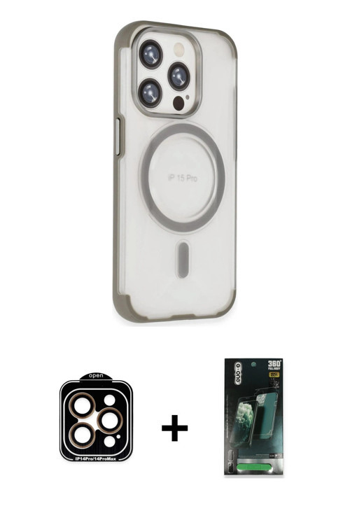 iPhone 15 Pro Max Kılıf Eksen Klasik Koleksiyonu - Şeffaf 360 Full Body Arka Koruyucu + Turuncu