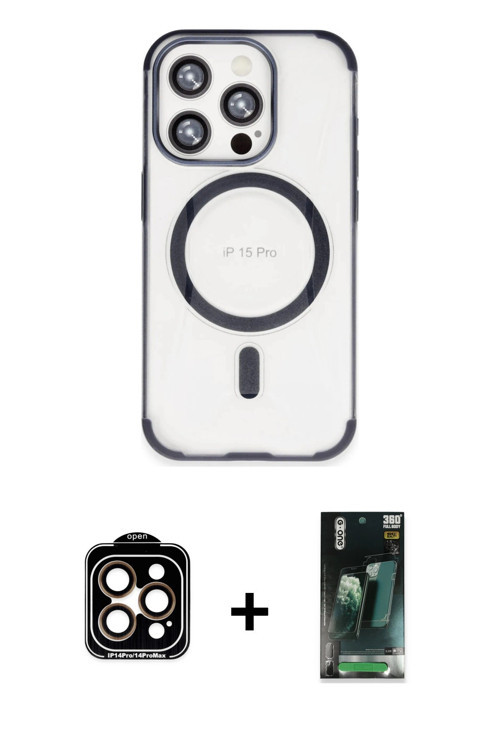 iPhone 15 Pro Max Kılıf Eksen Klasik Koleksiyonu - Şeffaf 360 Full Body Arka Koruyucu + Turuncu