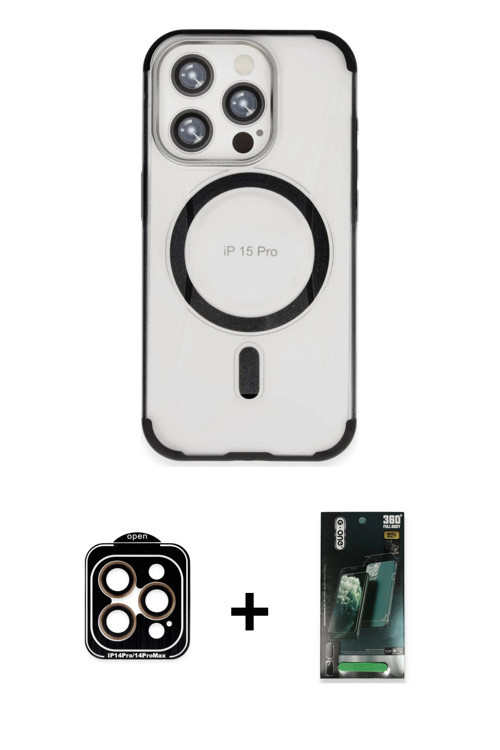 iPhone 15 Pro Max Kılıf Eksen Klasik Koleksiyonu - Şeffaf 360 Full Body Arka Koruyucu + Turuncu