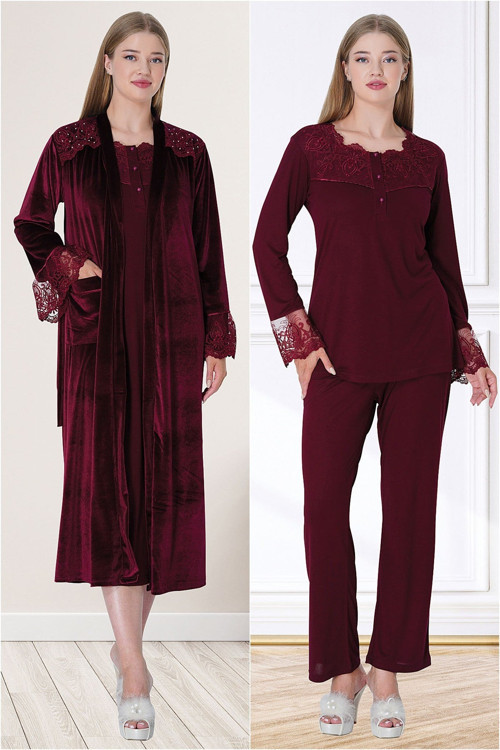 Mecit 5724 Bordo Kadın Kadife Sabahlık Pijama Gecelik Set