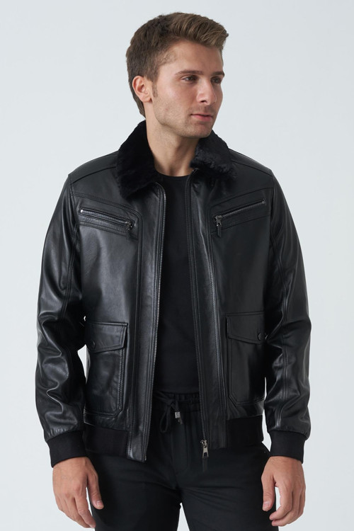 Armagh 5005 Slim Fit Torba Cep Kuzu Derisi Mont Siyah