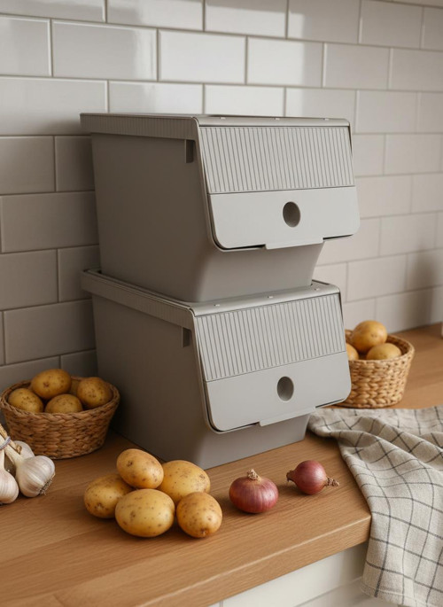 Vizon 2'Li 13,5 LT Modubox Kayar Kapaklı Saklama Kabı & Patates Soğan Kovası & Erzak Kutusu