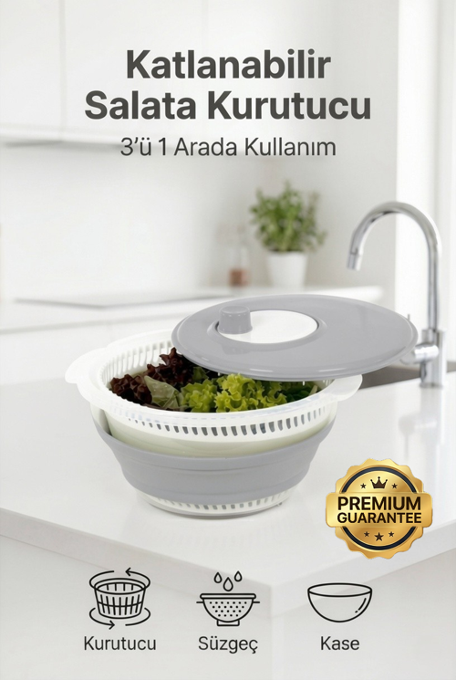 Katlanabilir Salata Kurutucu - Süzgeç ve Kase Seti - 3’ü 1 Arada 4.5 Litre Gri