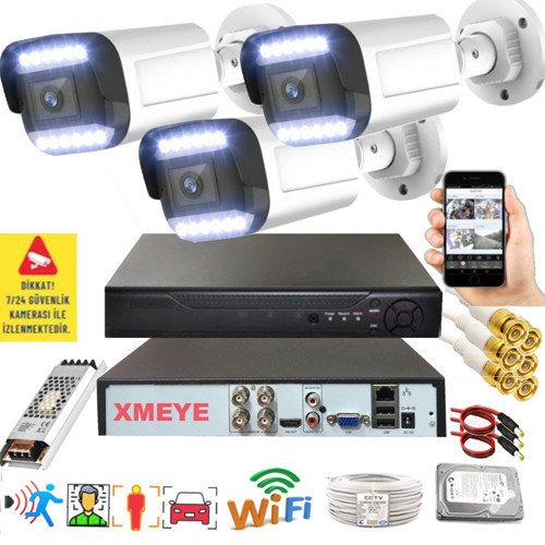 3 lü Hareket Algılayan 5 MP Lens 12 Warm Led Gece Renkli Gösteren Güvenlik Kamerası Seti BS 3312W