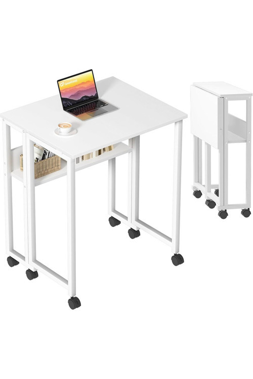 Sidney Kitaplık Raflı Katlanır Masa 70 Cm Tekerli Bilgisayar Masası Laptop Masası Beyaz