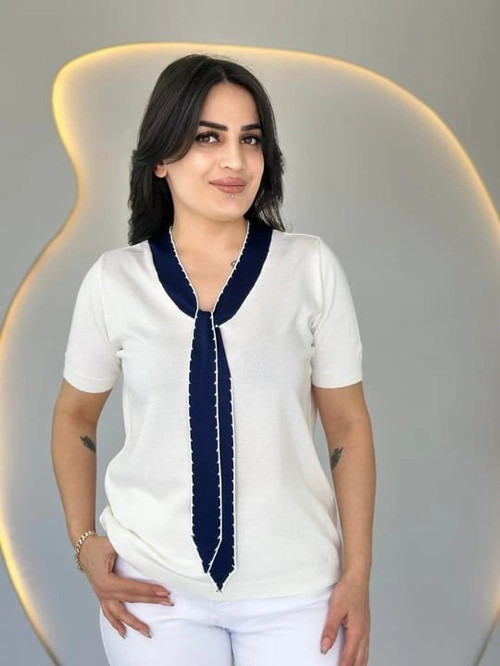 Kadın Kısa Kollu V Yaka Fular Detay Merserize Triko Bbluz