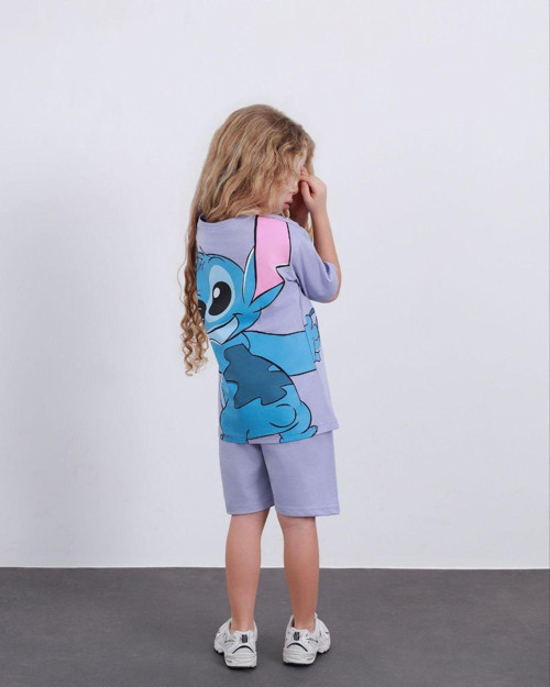 Cg Kids Stitch Kız Çocuk Tshirt Şort Alt Üst Takım Sırt Baskı Detaylı Lila Renk