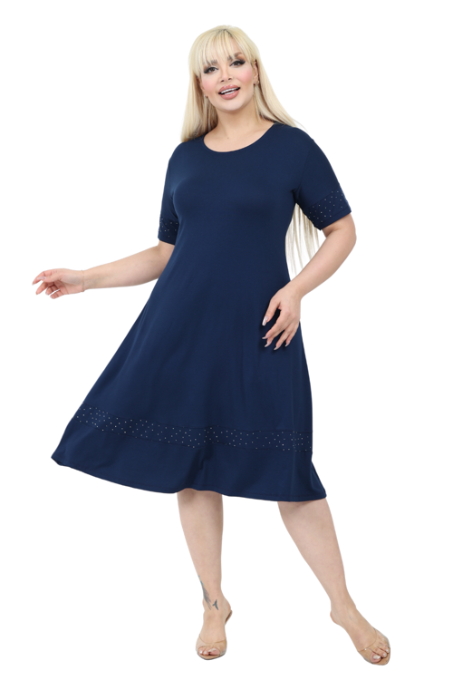 Butik Taş Baskılı Şerit Kısa Kollu Lacivert Midi Elbise