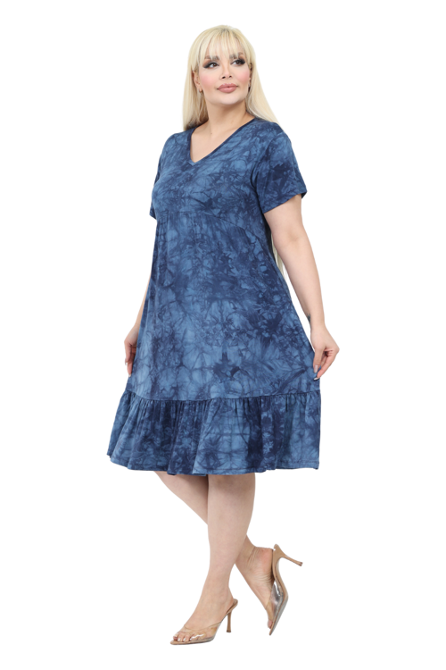 Butik Göğüsten Robalı V Yaka Kısa Kollu Lacivert Batik Yıkama Cepli Elbise