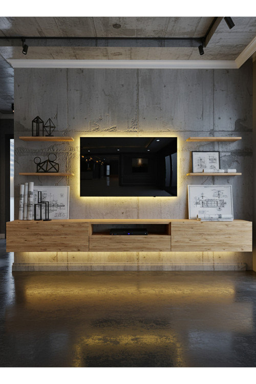 RESİTAL DUVARA MONTE LEDLİ 270 CM TV ÜNİTESİ DUVAR RAFLI - LL6034-6
