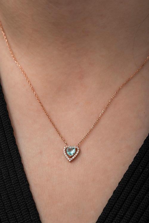 925 Ayar AquaMarin Taşlı Kalp Kolye Kadın Gümüş Kolye