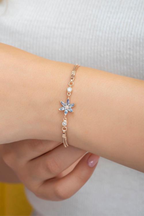 925 Ayar Aquamarin Taşlı Lotus Çiçeği Gümüş Bileklik