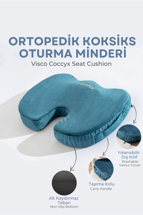 Visco Ortopedik, Kaydırmaz Tabanlı, Ofis, Araba, Koksiks Oturma Minderi, 45x34x7cm