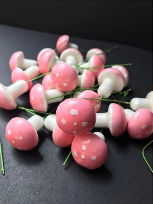 Pembe Beyaz Mantar Teraryum Minyatür Süsleme (25 ADET)