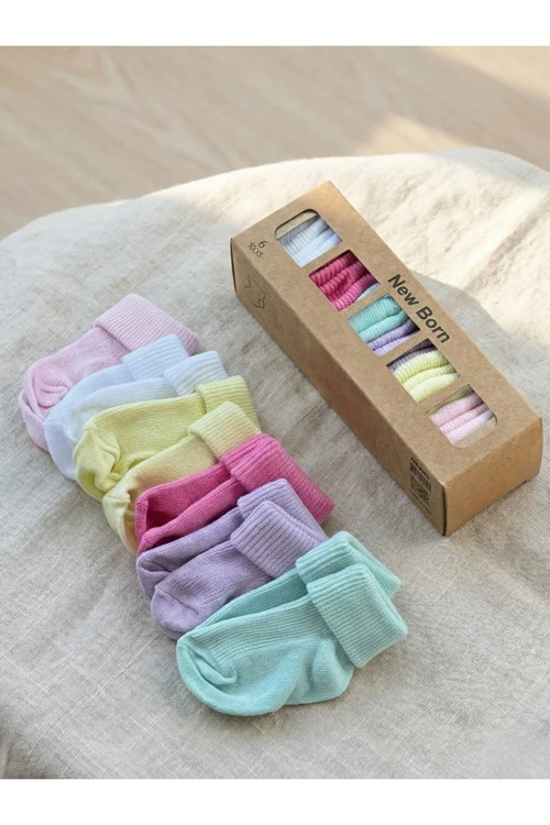 Organik Pamuk Kız/Erkek Bebek 6’lı Kutulu Premium Yeni Doğan Çorabı