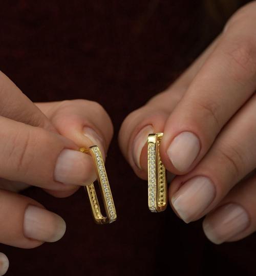 925 Ayar Gold Dikdörtgen Küpe Kadın Gümüş Küpe