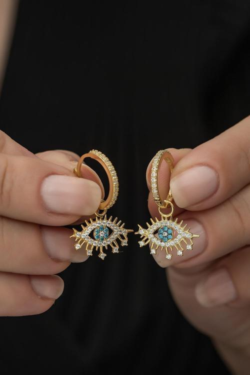 925 Ayar Gold Renk Sallantılı Göz Küpe Kadın Gümüş Küpe