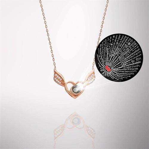 925 Ayar Gümüş 100 Dilde Seni Seviyorum Kalpli Melek Kanadı Kadın Gümüş Kolye