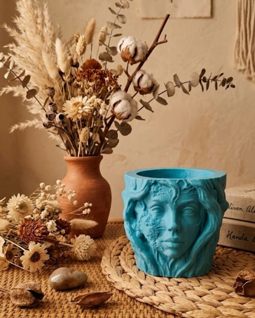 Es Kadın Yüzü Heykel Tasarımlı Dekoratif 3d Saksı Vazo
