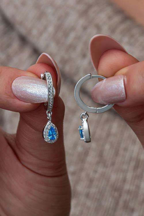 925 Ayar Gümüş 15 Mm Halka Aquamarin Damla Taşlı Küpe