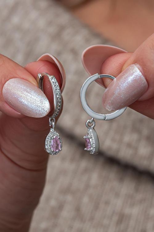 925 Ayar Gümüş 15 Mm Halka Pembe Damla Taşlı Küpe