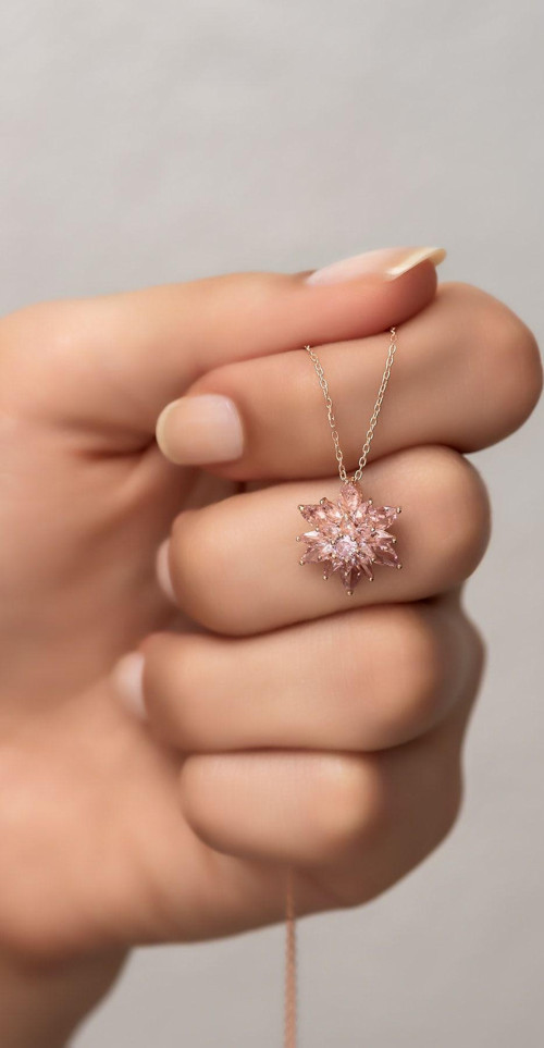 925 Ayar Gümüş 4 Katman Pembe Lotus Çiçeği Kolye