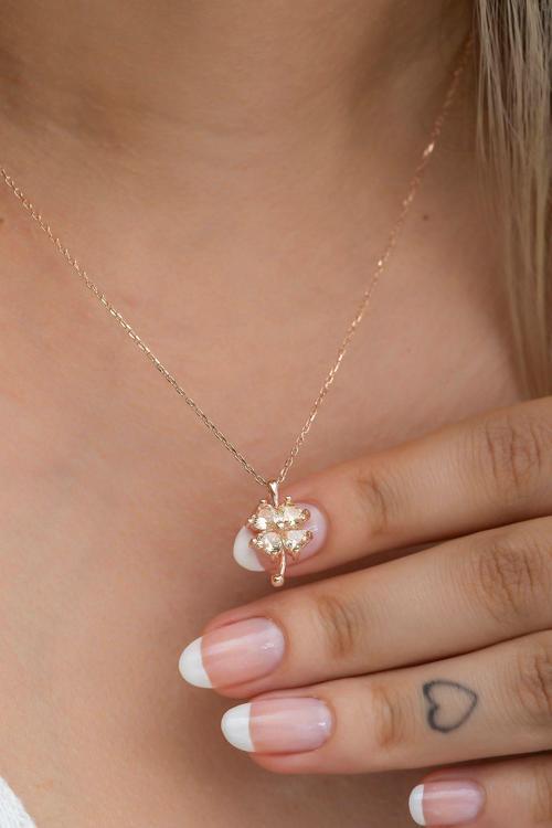 925 Ayar Gümüş 4 Yapraklı Uçuk Turuncu Taşlı Yonca Kolye