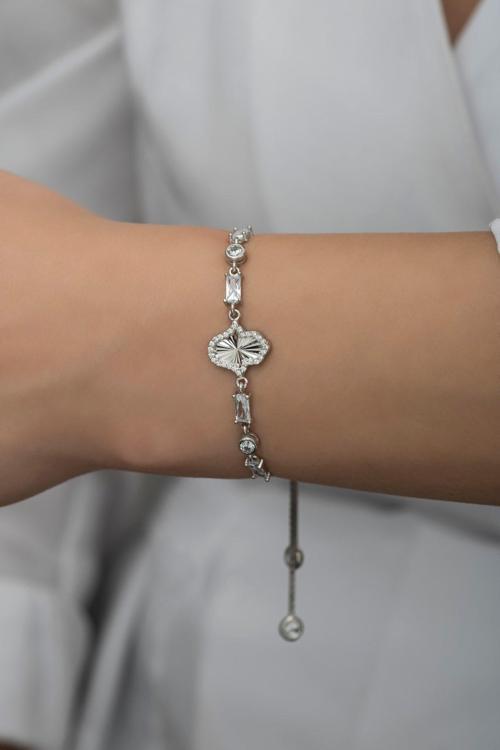 925 Ayar Gümüş Asansörlü Baget Taşlı Fatma Ana Eli Bileklik