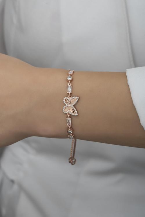 925 Ayar Gümüş Asansörlü Baget Taşlı Rose Kelebek Bileklik