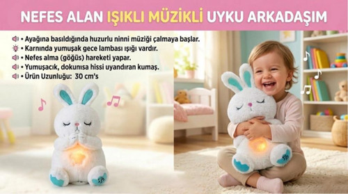 Nefes Alan Işıklı Müzikli Uyku Arkadaşı Tavşan 30 cm Ninni Söyleyen Göğsü Hareketli Uyku Oyuncağı BEYAZ