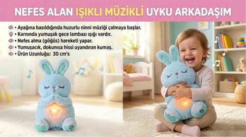 Nefes Alan Işıklı Müzikli Uyku Arkadaşı Tavşan 30 cm Ninni Söyleyen Göğsü Hareketli Uyku Oyuncağı MAVİ