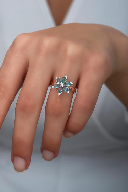 925 Ayar Gümüş Ayarlanabilir Aquamarin Taşlı Çiçek Yüzük