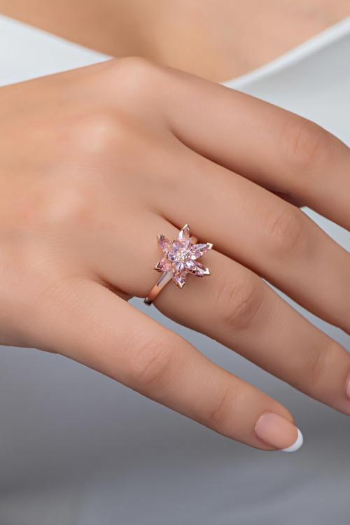 925 Ayar Gümüş Ayarlanabilir Pembe Taşlı Lotus Çiçeği Yüzük