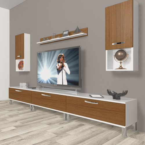 Eko 270da Mdf Krom Ayaklı Tv Ünitesi Tv Sehpası - Beyaz Ceviz