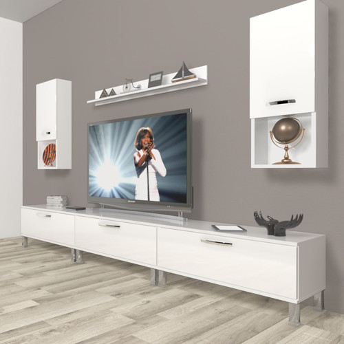 Eko 270da Mdf Krom Ayaklı Tv Ünitesi Tv Sehpası - Parlak Beyaz