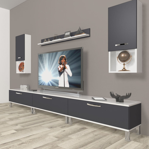 Eko 270da Mdf Krom Ayaklı Tv Ünitesi Tv Sehpası - Beyaz Antrasit