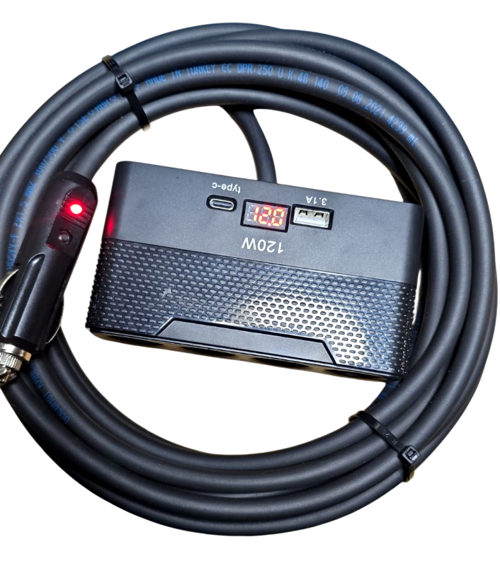 Araç Çakmak Uzatma Kablosu Çakmaklık Çoklayıcı LCD Ekranlı USB,Type-C çıkışlı 12V/10A/120W 2 X1,5mm TTR Bakır10Mt-YT-OT7