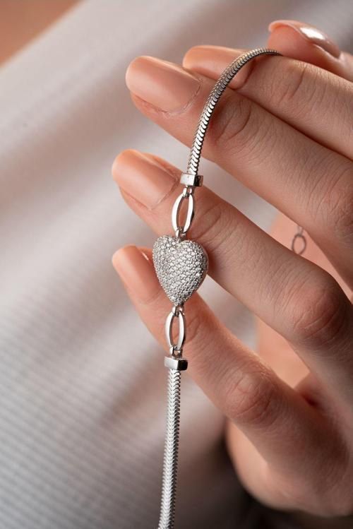 925 Ayar Gümüş Balık Sırtı Model Zincirli Kalp Bileklik